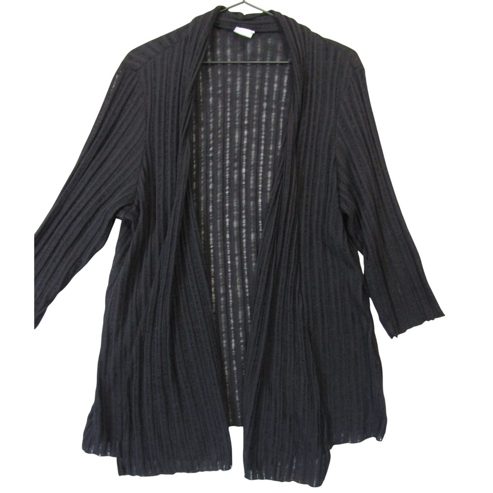JM Collection Cardigan Woman 3X Black Sheer Ribbed Open Front 3/4 Sleeve
